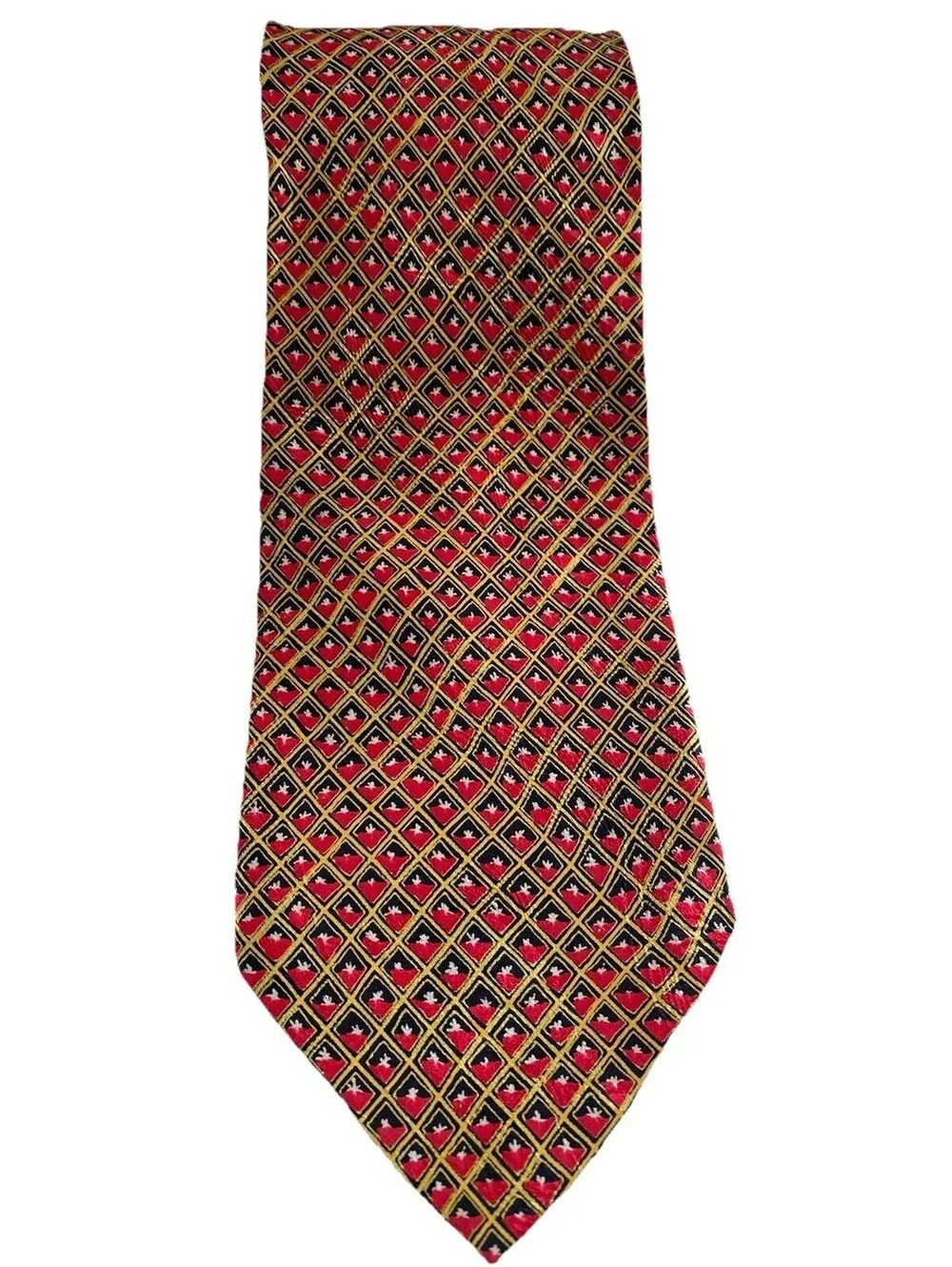 Brioni Roma Silk Tie Made in Italy Geometric Diamond Pattern Red Gold Black